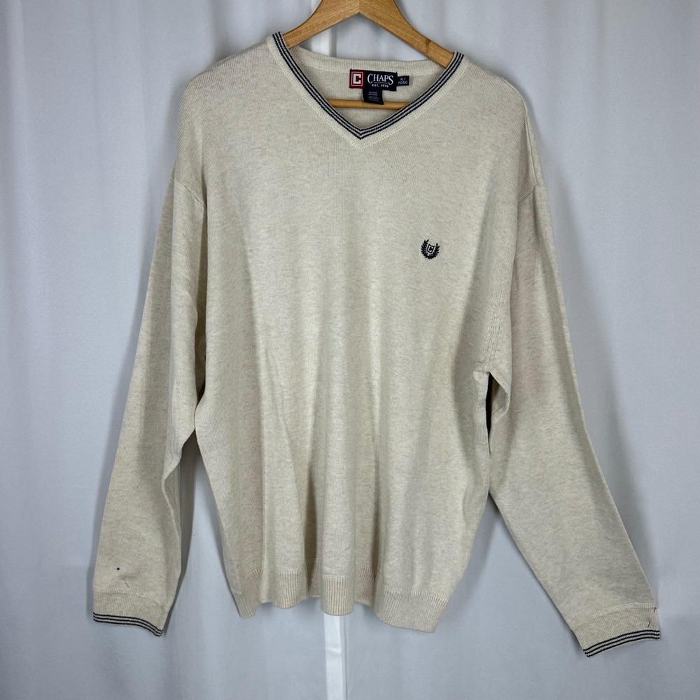 Chaps Mens XL V-Neck Sweater Beige Cotton Knit Crest Logo Tipped Trim HG-292